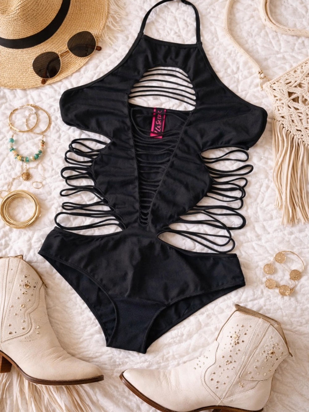 La SENZA Black Strappy Bodysuit Sexy Lingerie Festival Outfit
